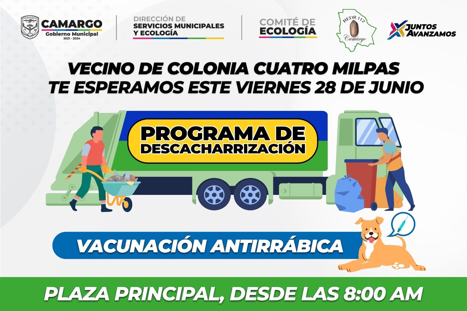 Invitación a la Jornada de Descacharrización y Vacunación Antirrábica en la Colonia Cuatro Milpas