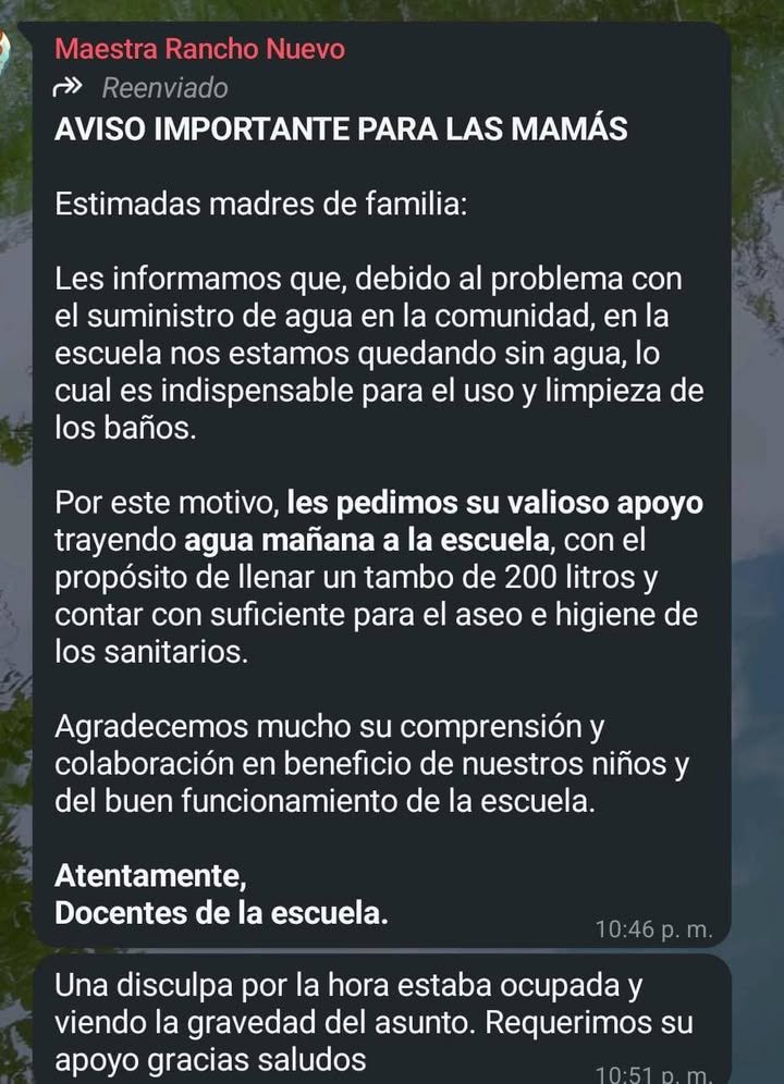 Escuela de la comunidad de “Rancho Nuevo” sin agua: docentes piden apoyo urgente a padres de familia