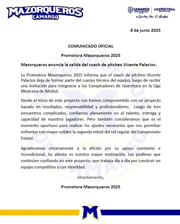 Oficial: Vicente Palacios deja el cargo como coach de pitcheo de la Novena Zona Mazorqueros