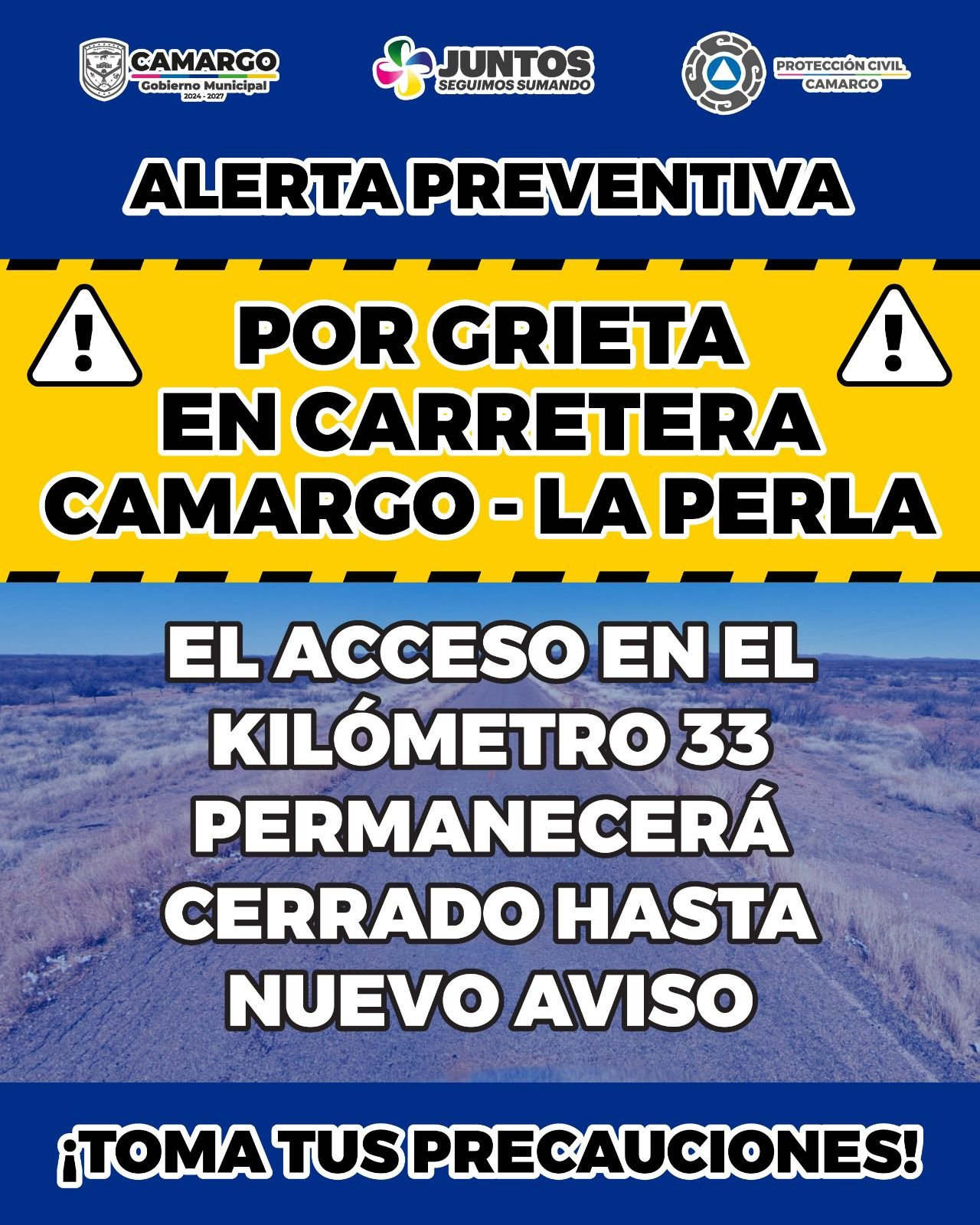 Cierre temporal de la carretera Camargo – La Perla por afectación en el kilómetro 33