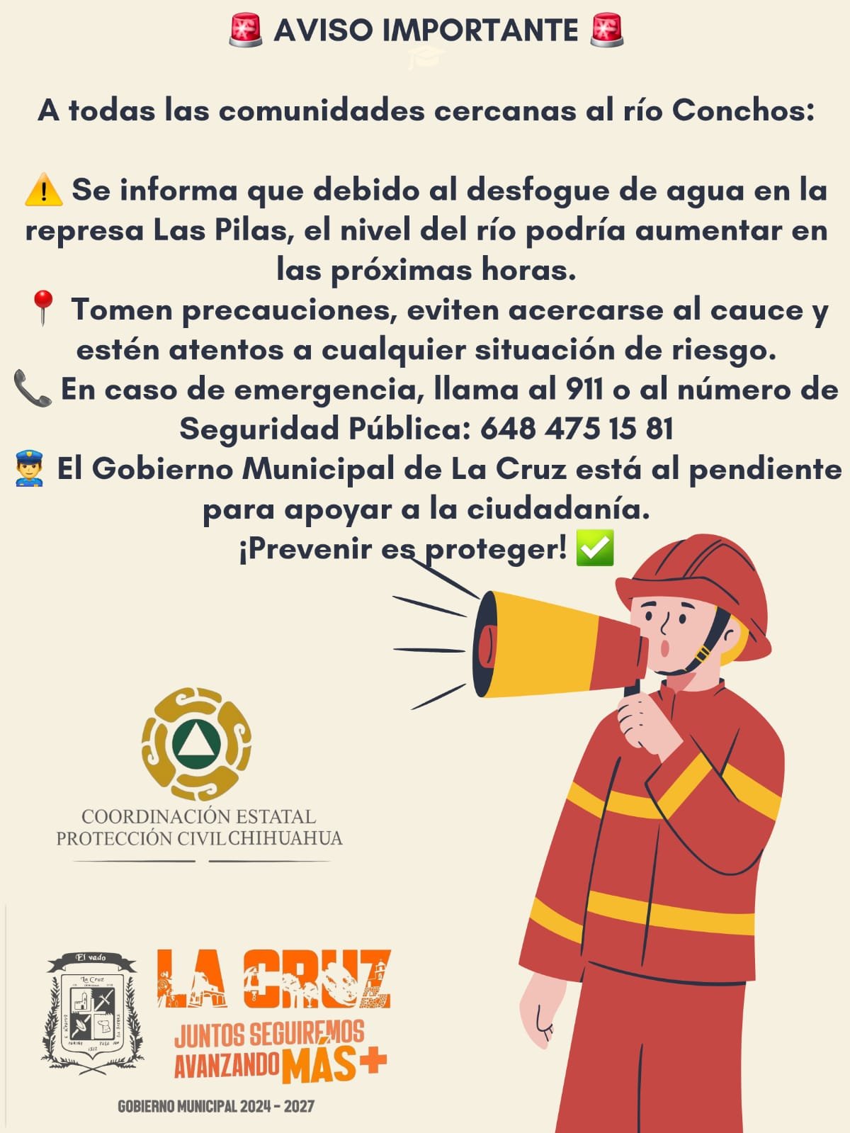 Lanza gobierno municipal de La Cruz precaución para Comunidades Cercanas al Río Conchos por desfogue en represa las pilas