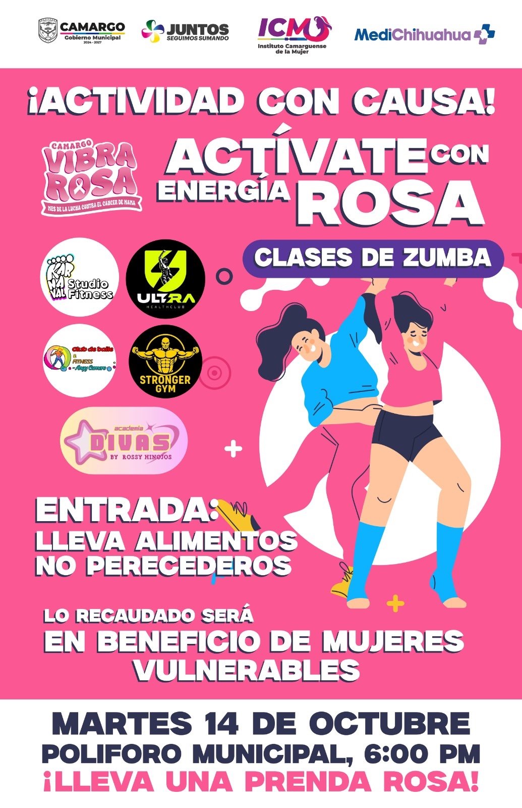 Gobierno Municipal e ICM invitan a la actividad de zumba con causa “Actívate con energía rosa” en el Poliforo Municipal a las 6:00 PM