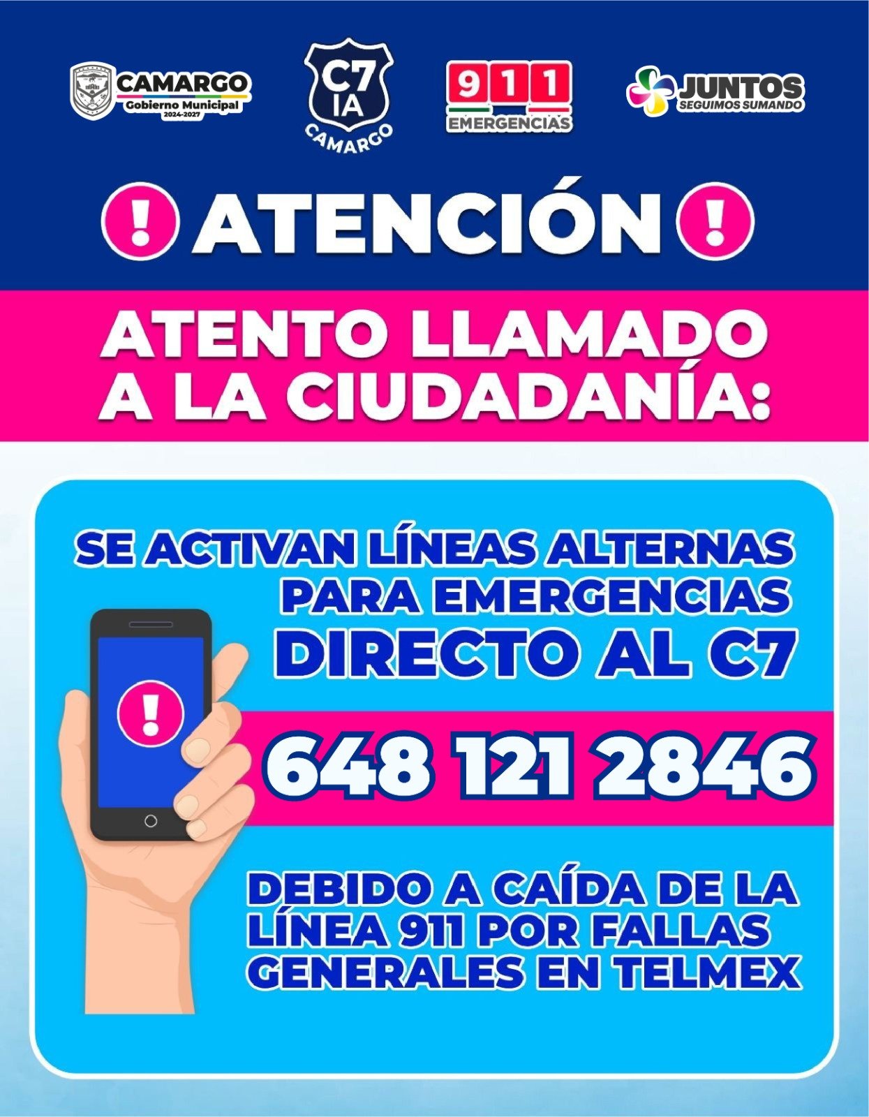 Atención a la ciudadanía: por fallas generales de TELMEX, el sistema 911 se encuentra fuera de servicio; se activa número alterno para emergencias en Camargo