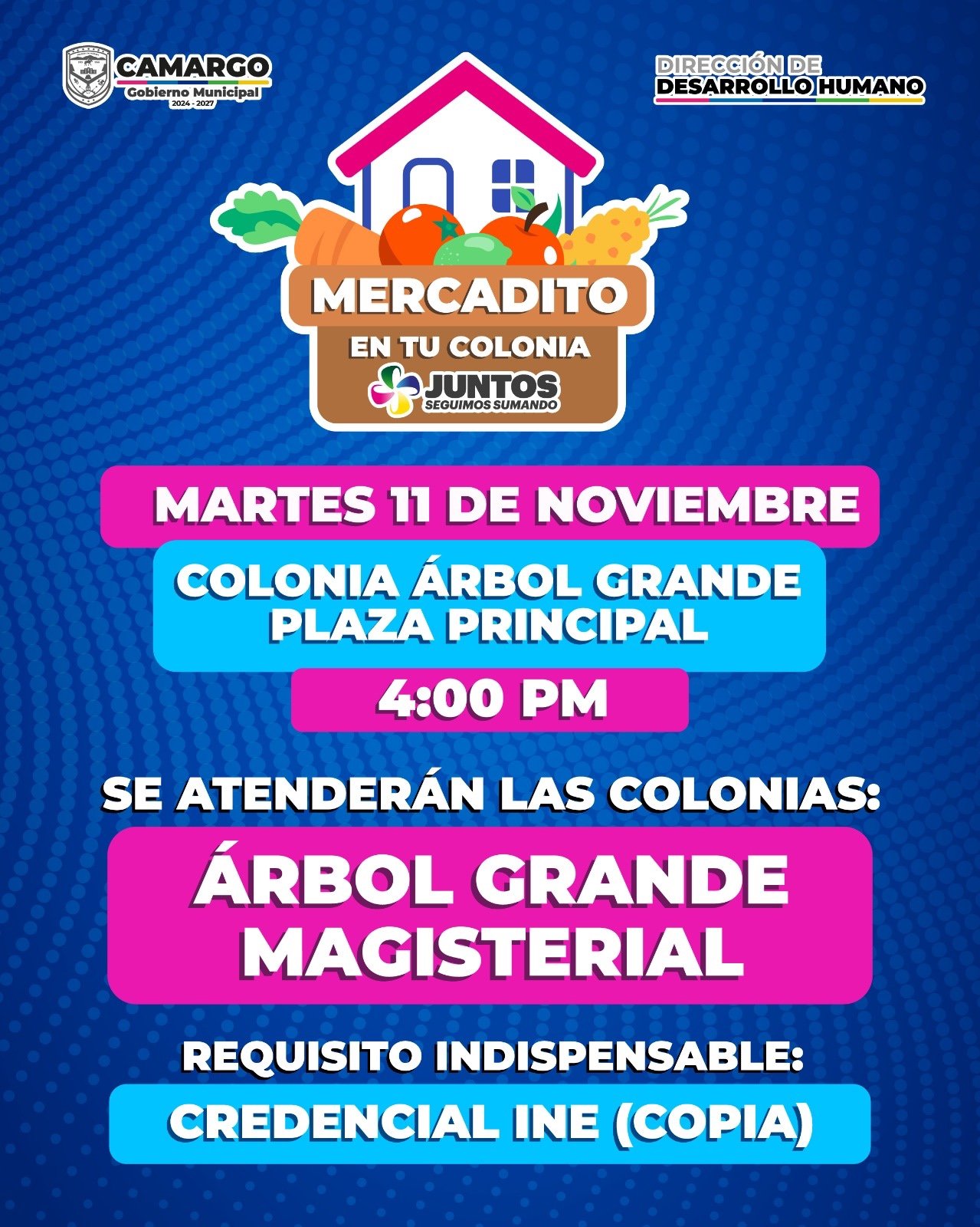 Invita Gobierno Municipal de Camargo al “Mercadito en tu Colonia” este martes a las 4:00 p.m. en la plaza de Árbol Grande