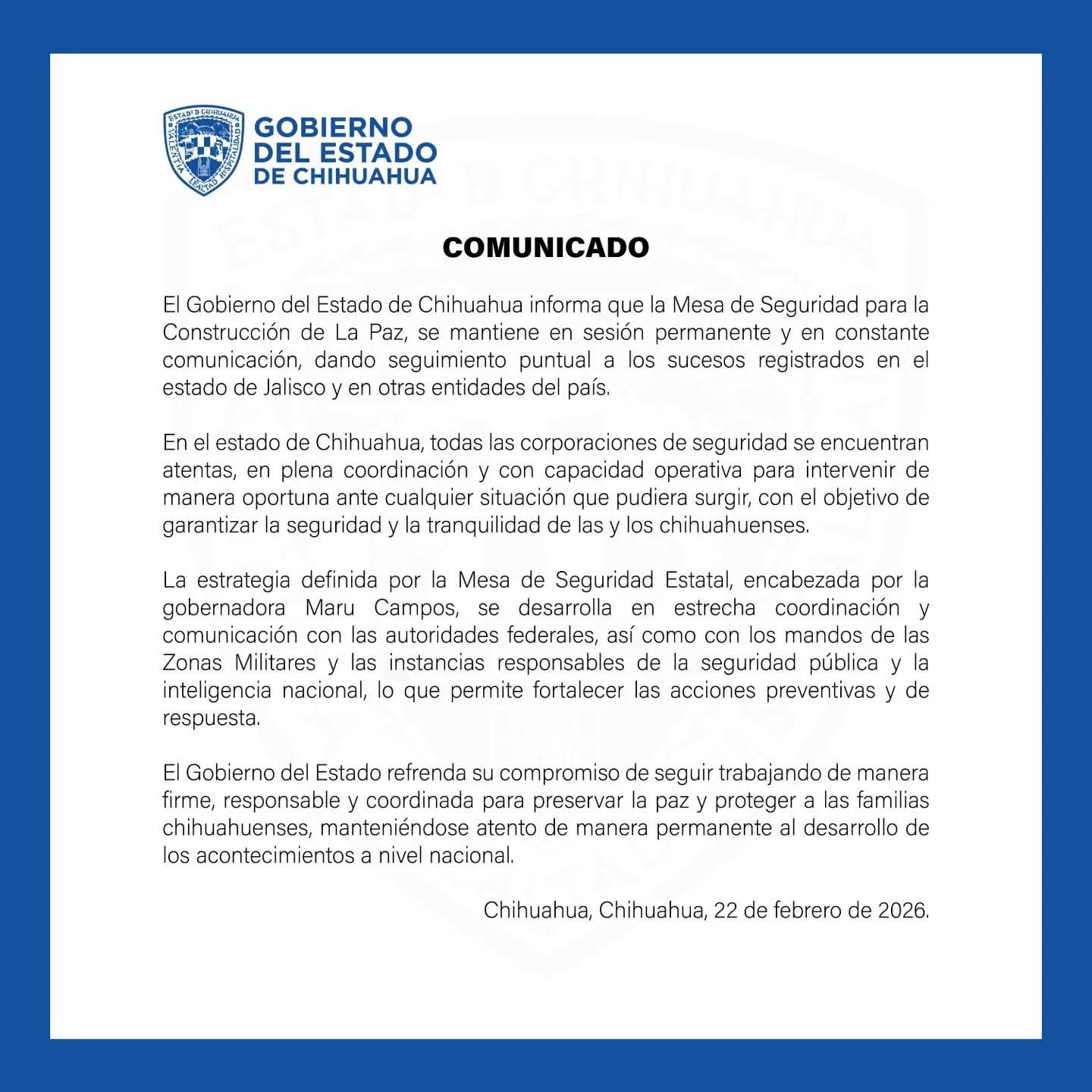 Chihuahua refuerza seguridad en los 67 municipios tras hechos violentos en Jalisco