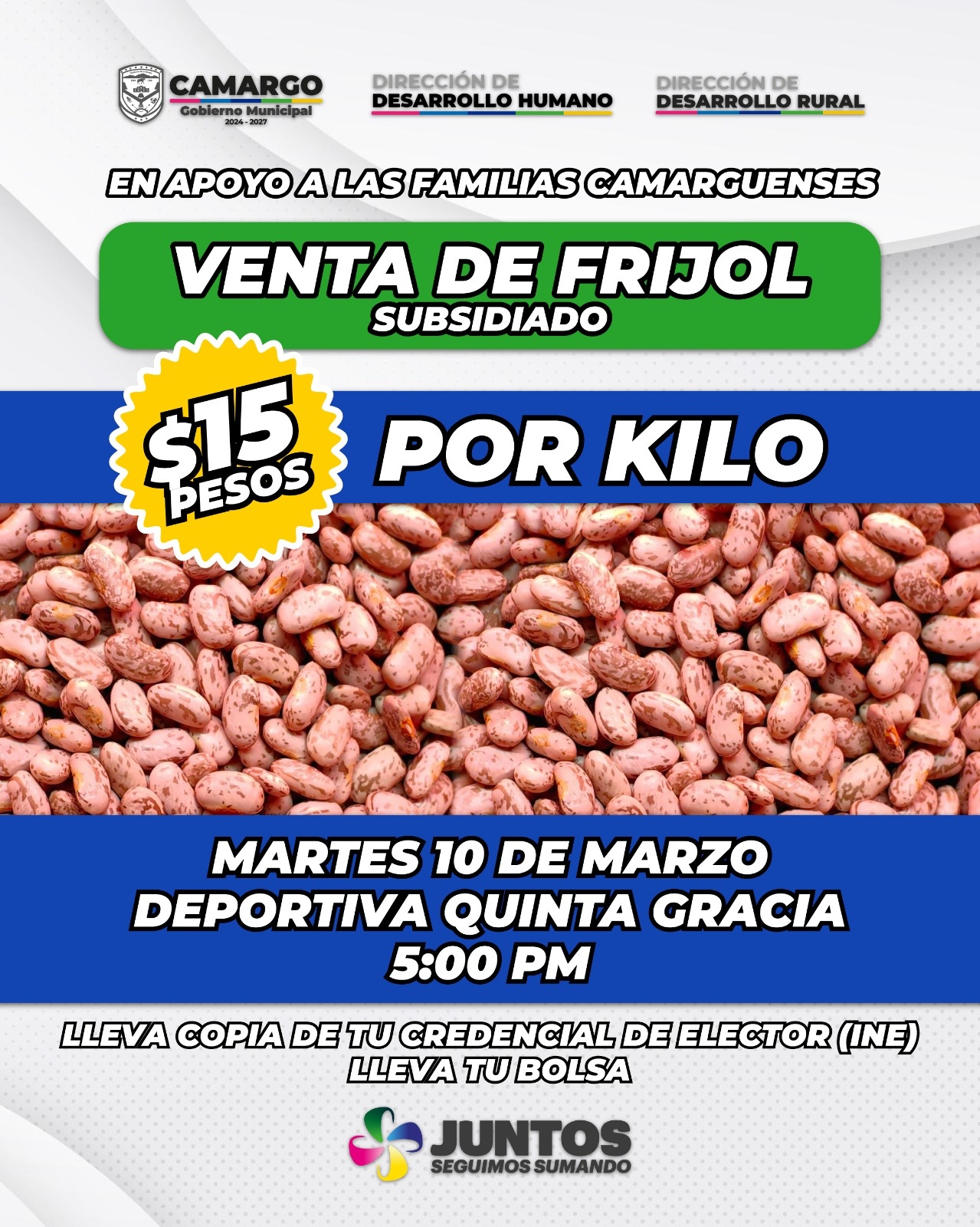 Invita Gobierno Municipal de Camargo a venta de frijol subsidiado este martes en la Deportiva Quinta Gracia