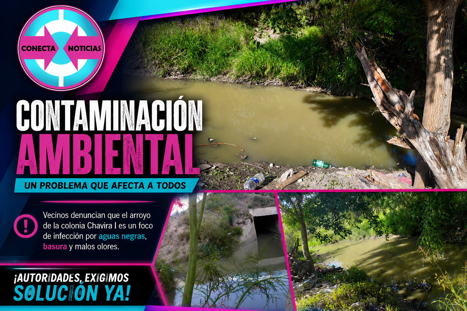 Vecinos de la colonia Chavira I denuncian foco de infección por aguas negras en arroyo