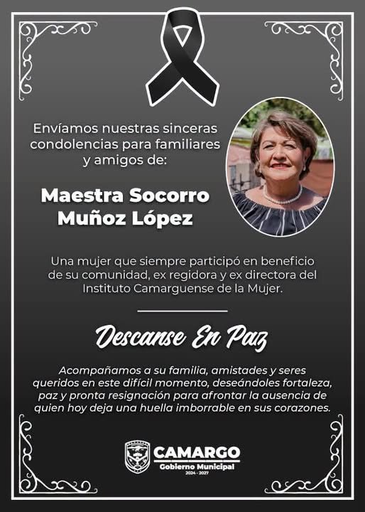 Con profundo pesar, lamentamos el sensible fallecimiento de la Maestra Socorro Muñoz López.