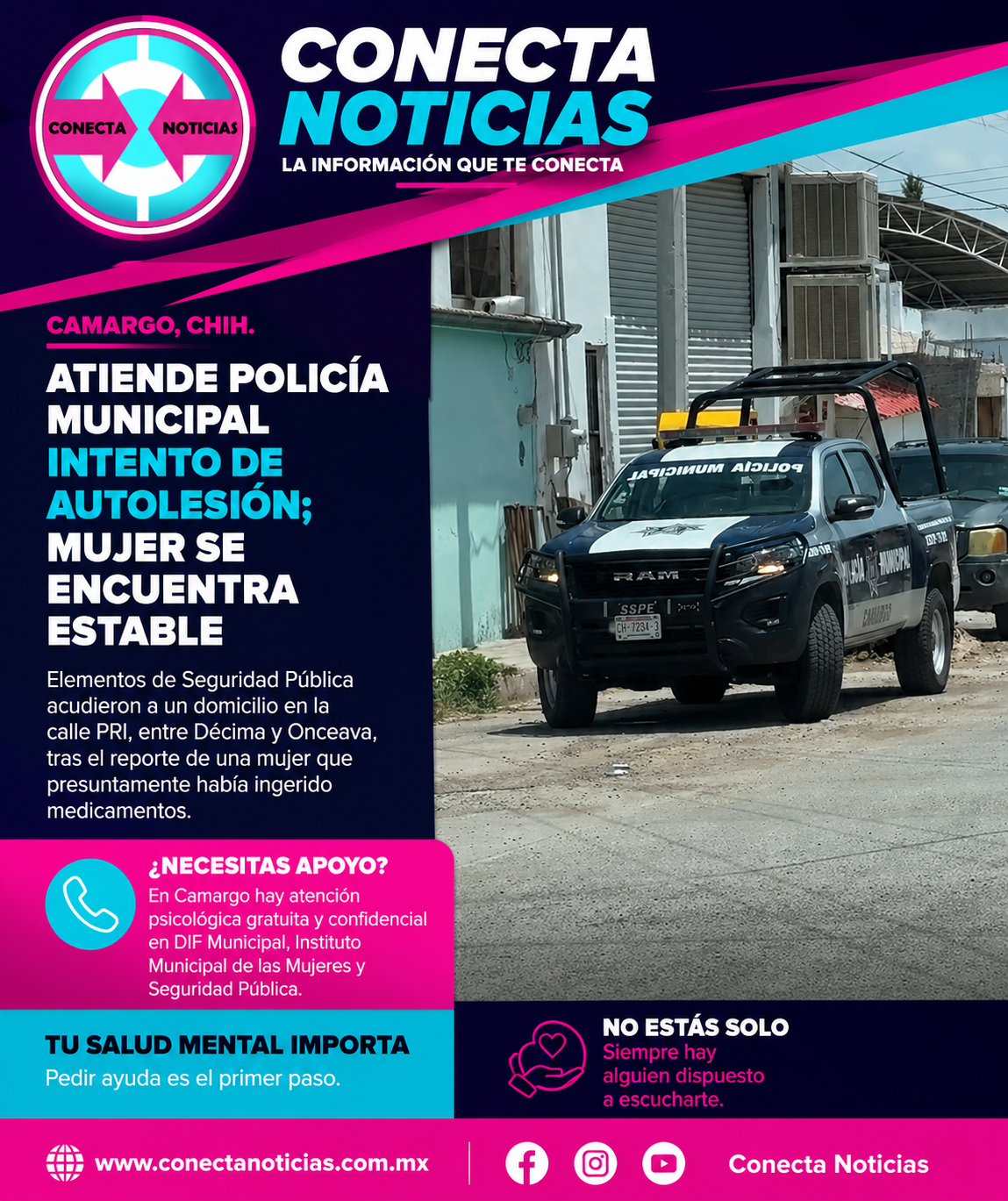 Moviliza intento de autolesión a corporaciones de emergencia en Camargo; mujer fue auxiliada y se reportó estable