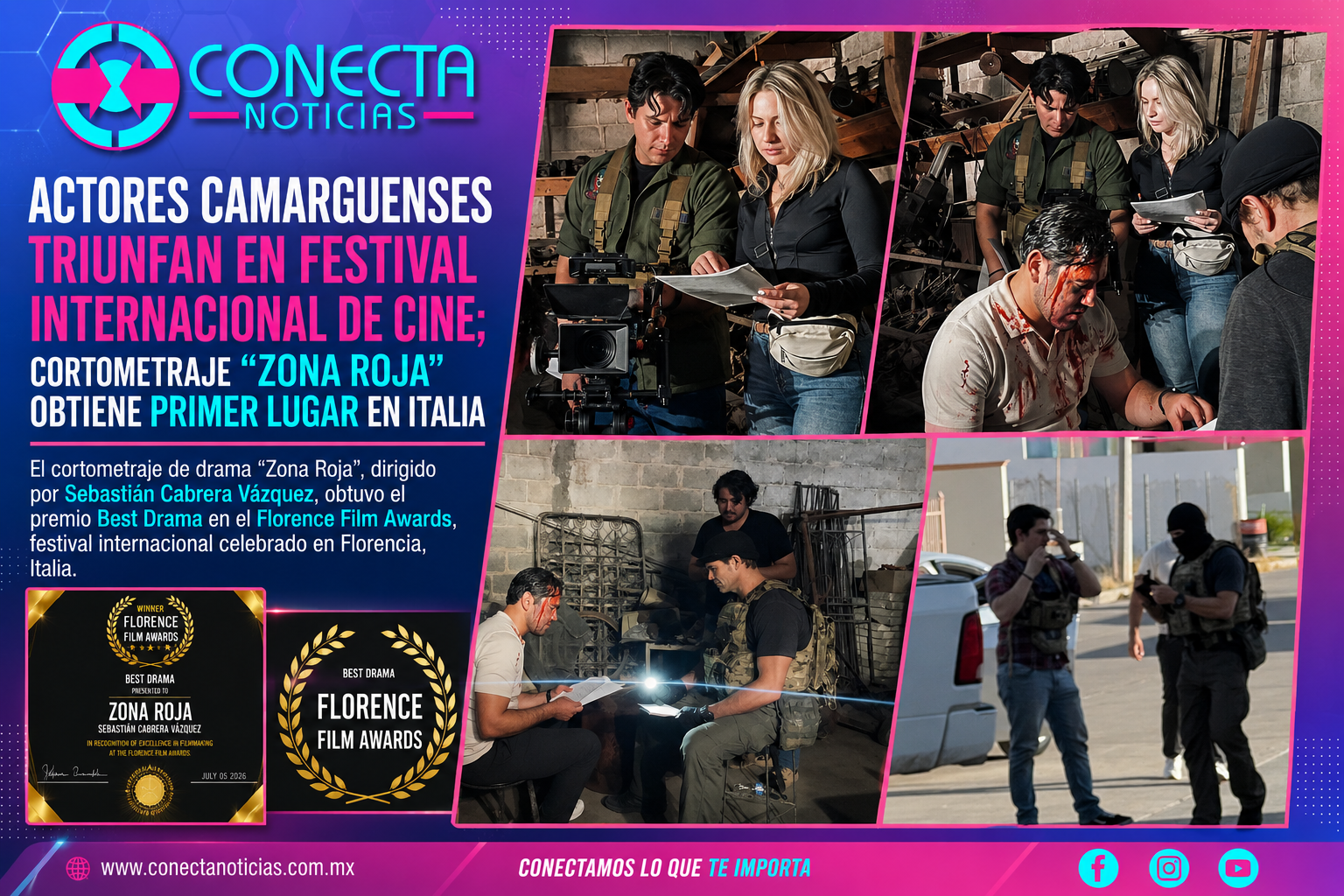 Actores camarguenses triunfan en festival internacional de cine; “Zona Roja” obtiene el premio Best Drama en Italia