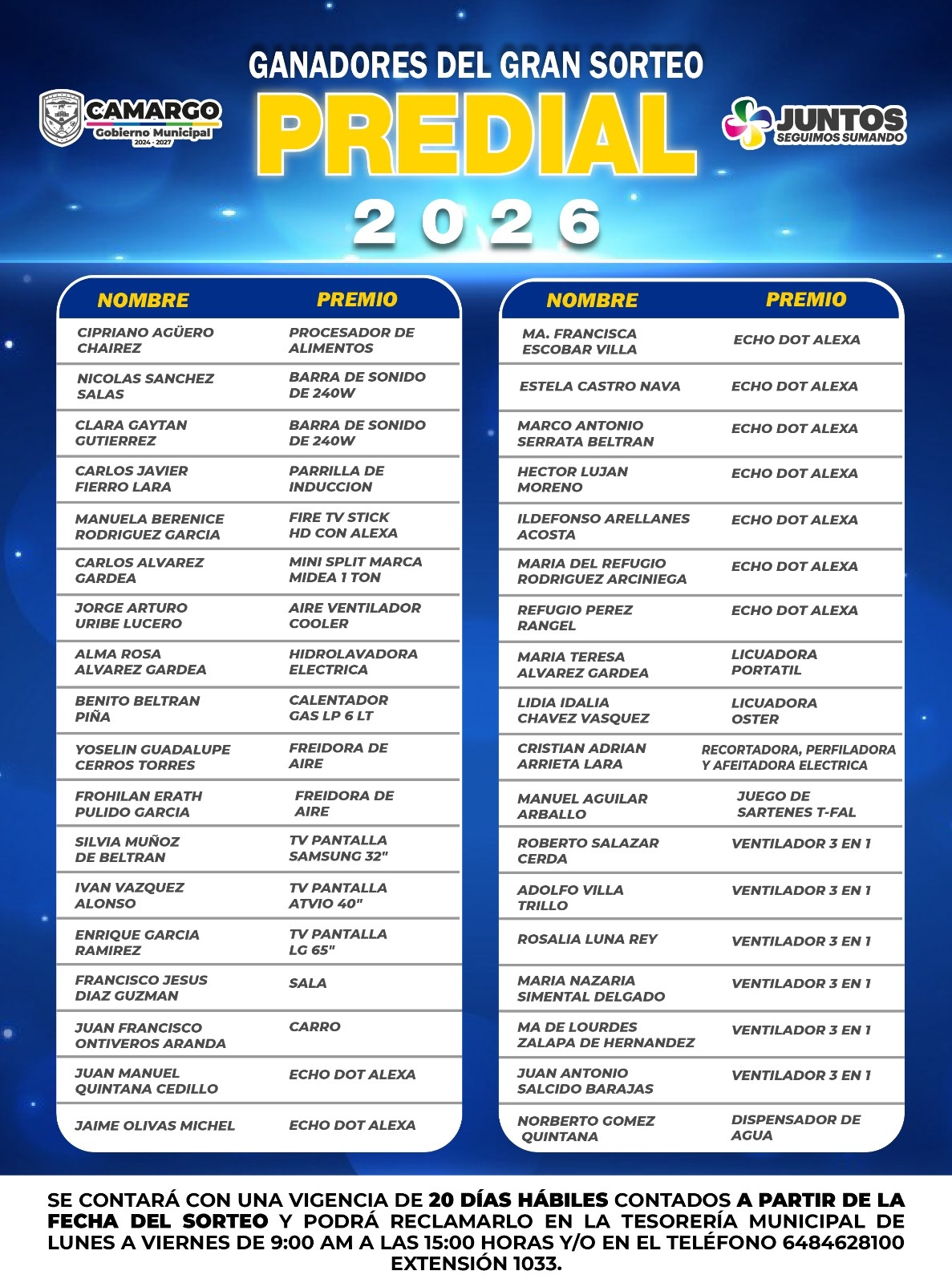 Anuncia Gobierno Municipal de Camargo a ganadores del Gran Sorteo Predial 2026