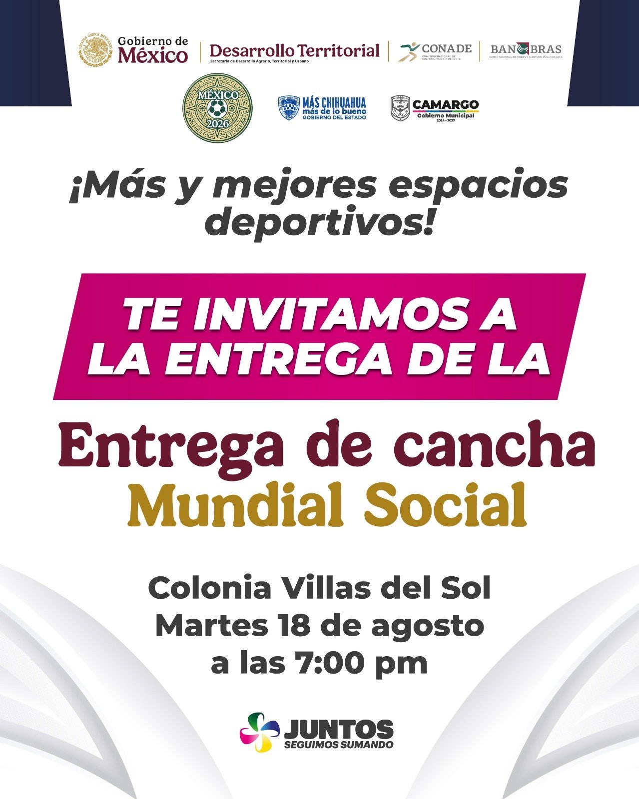 Gobierno Municipal invita a la entrega de la cancha Mundial Social en Villas del Sol, este martes a las 7:00 pm
