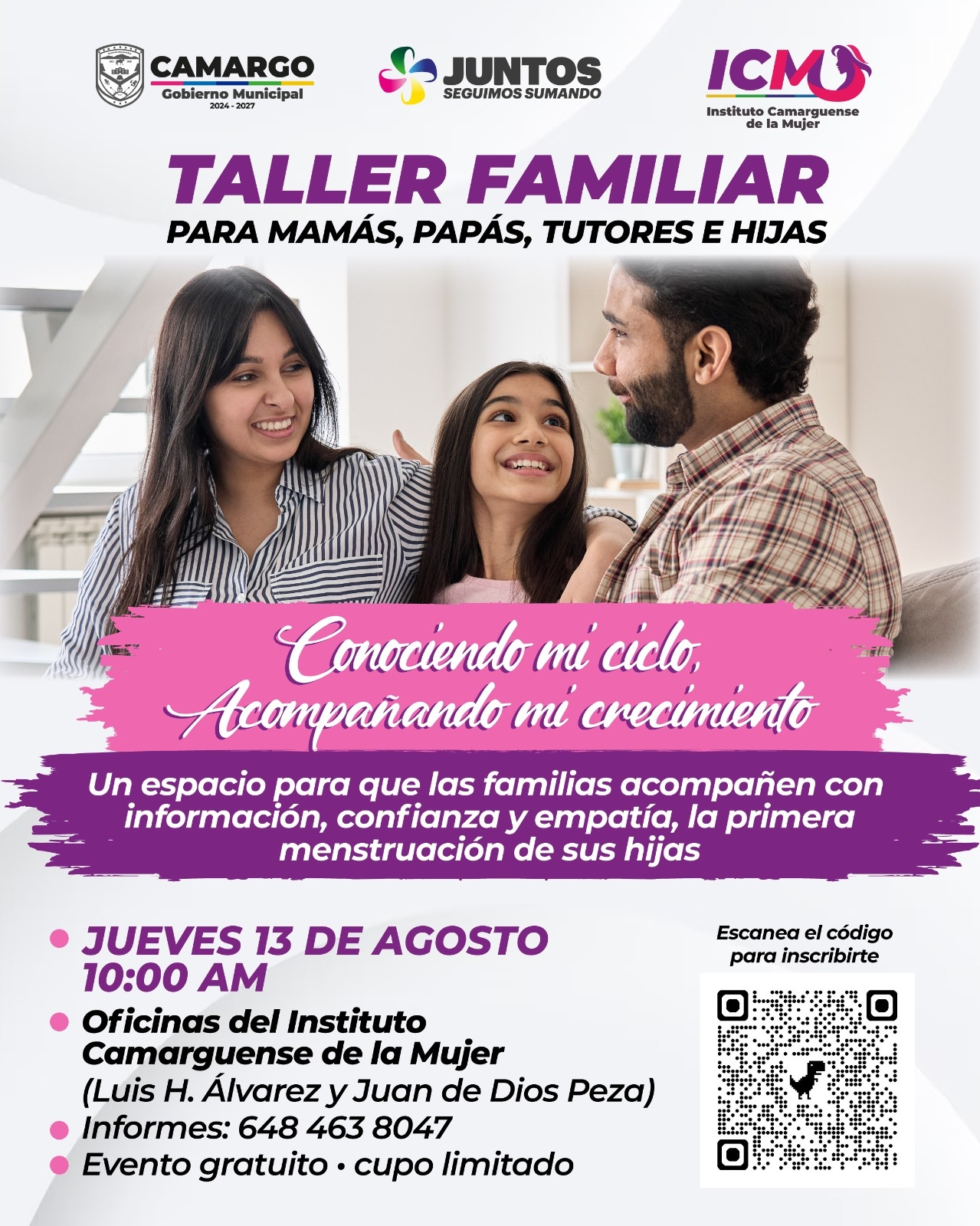Instituto Camarguense de la Mujer invita este jueves 13 de agosto al taller familiar “Conociendo mi ciclo, acompañando mi crecimiento”