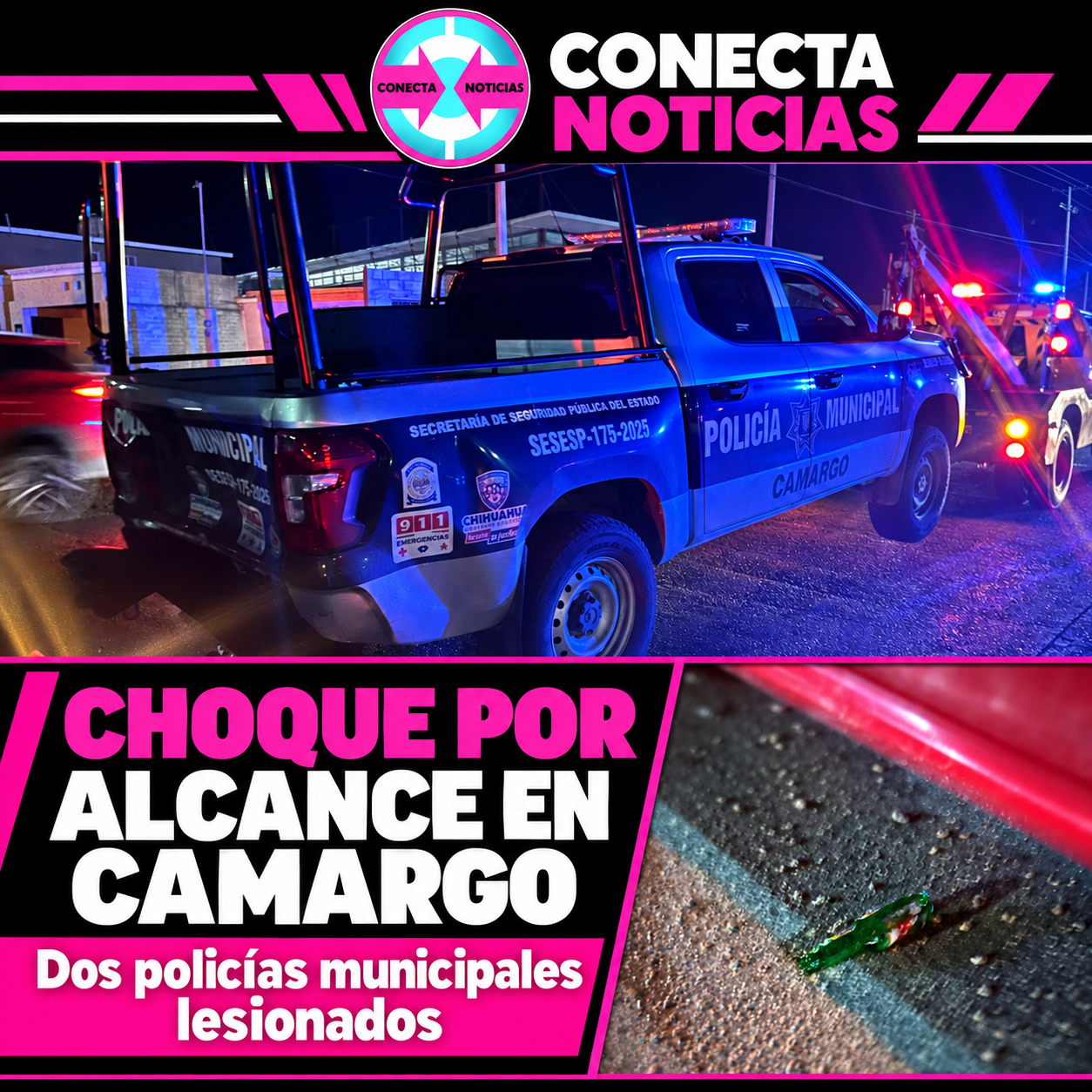 Dos policías municipales resultan lesionados en choque por alcance en Camargo