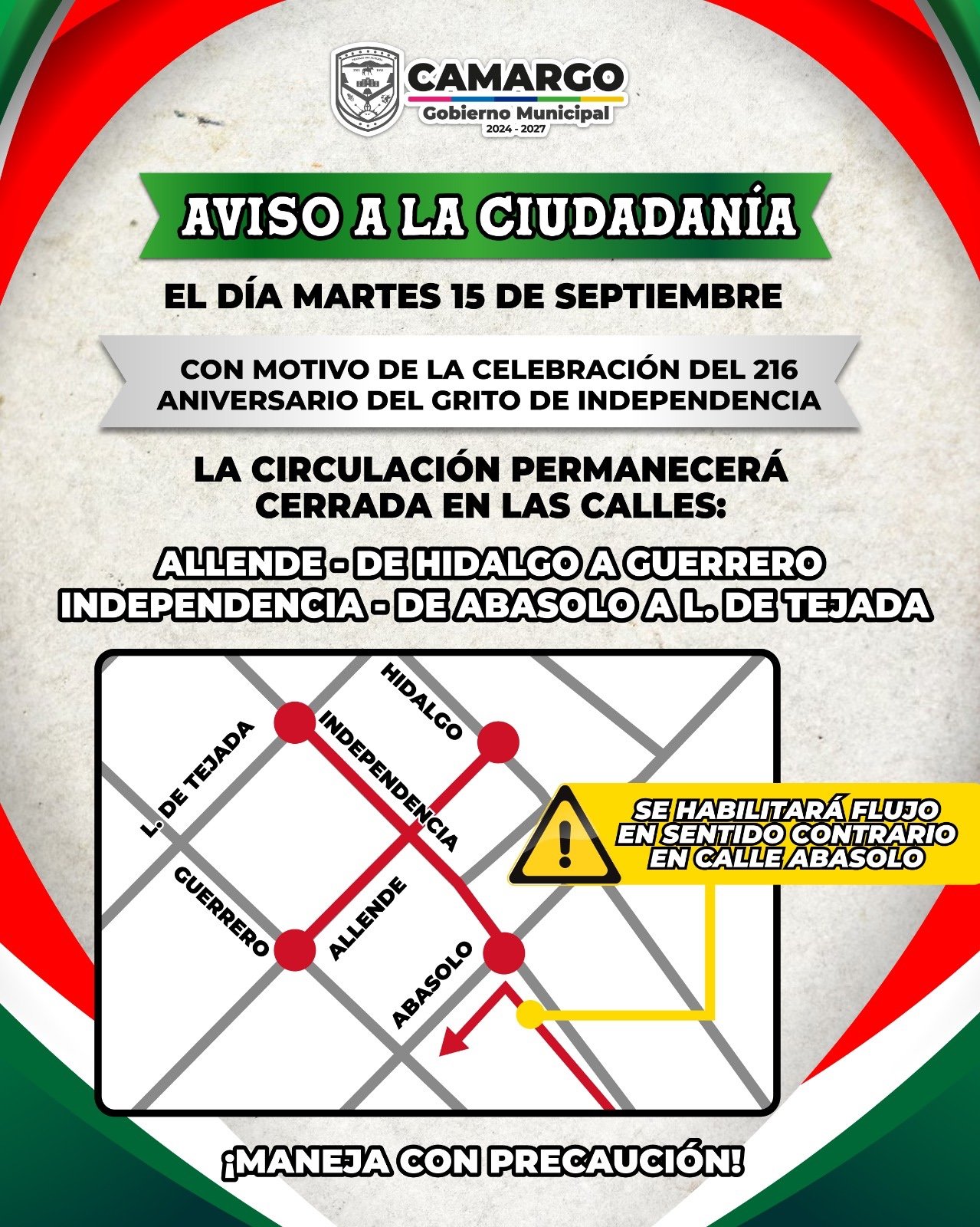 Gobierno Municipal de Camargo anuncia cierres y cambios en la circulación por festejos patrios