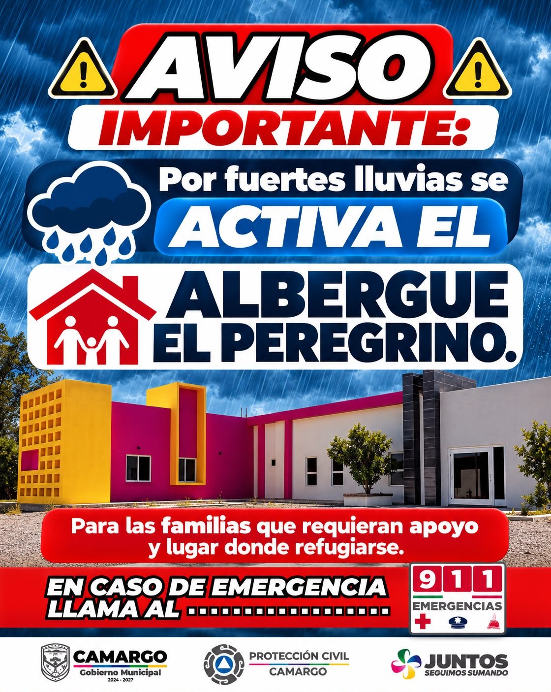 Ante fuertes lluvias, Gobierno Municipal de Camargo activa el Albergue El Peregrino para apoyar a las familias