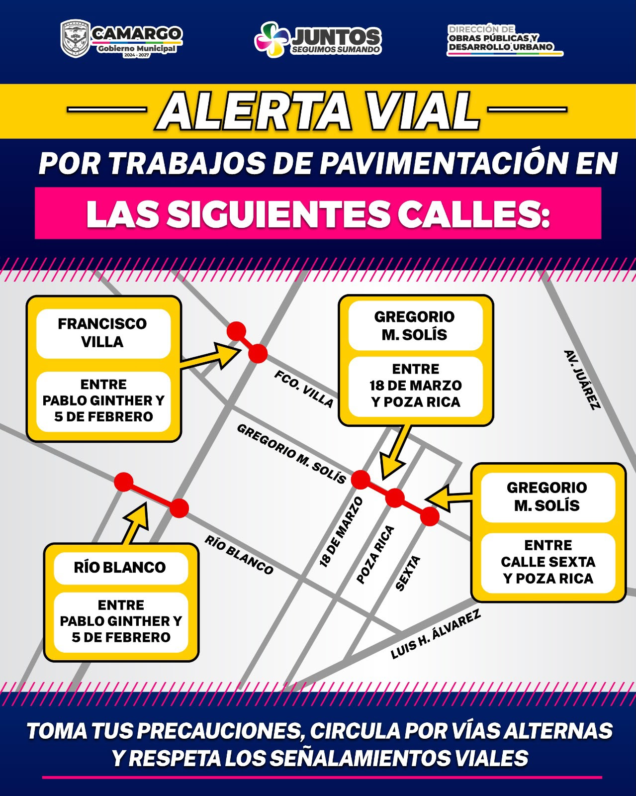 Arranca Gobierno Municipal pavimentación de cuatro tramos más en Camargo, piden precaución al circular